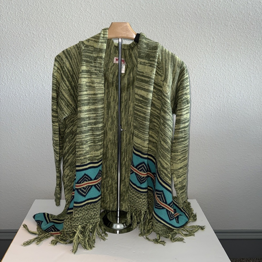Wrangler Fringe Cardigan Western Aztec Knit Shawl Blanket Wrap Size M A0038